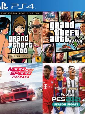 3 JUEGOS EN 1 Grand Theft Auto GTA The Trilogy The Definitive Edition mas Grand Theft Auto (GTA) V mas NEED FOR SPEED PAYBACK mas PES 2021 PS4